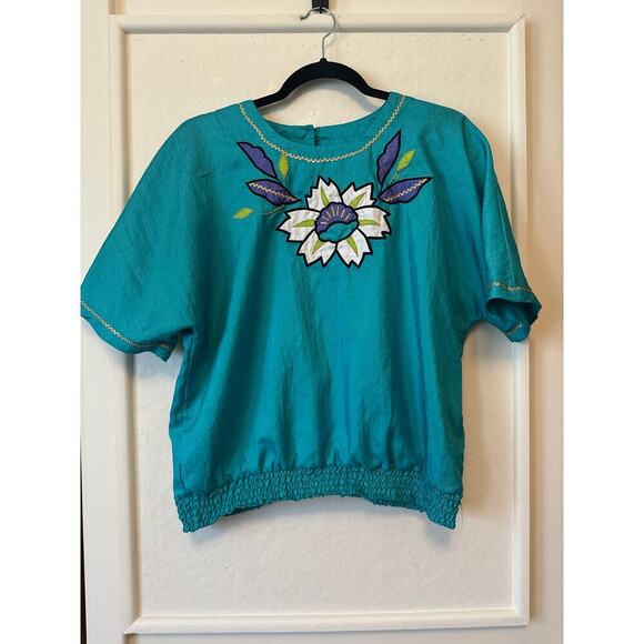 Vintage 80s Teddi Embroidered Women’s Blouse M Teal Puff Sleeve Flower Appliqué - Picture 1 of 5